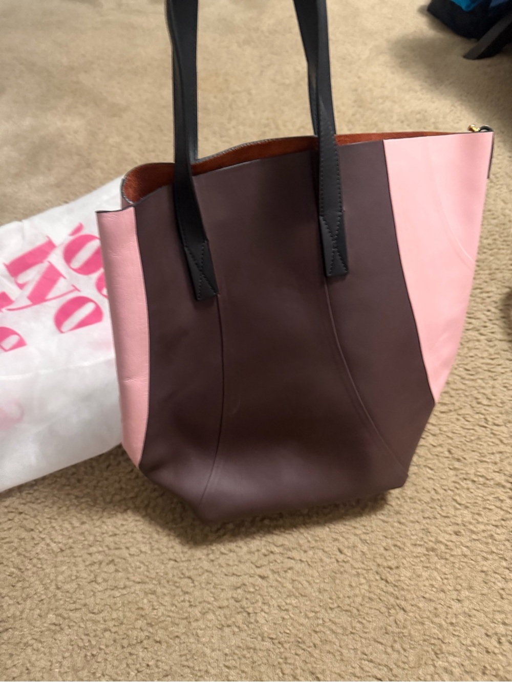 Marni Brown and Pink Leather Panel Tote with Black Straps